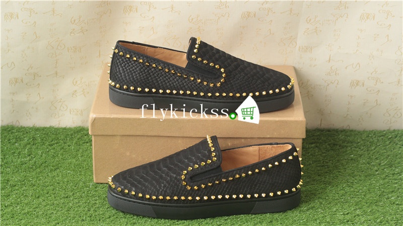 Christian Louboutin Low Spikes Python Leather Pik Boat Flat Black Casual Shoes Golden Rivets